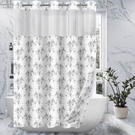 CTOTSYC No Hook Shower Curtain with Snap in Liner Sets, Black Boho Floral Iris Flower Design, Waterproof Washable Fabric Curtain with See Through Mesh Top Window for Bathroom Decor 71x74 Inch