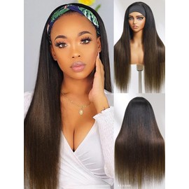 Julia Hair 12A Headband Wig Human Hair Yaki Straight Glueless None Lace Half Wig With Pre-attached Scarf Ombre Chestnut Brown Highlight With Dark Roots for Black Women Put on and Go 16 Inch