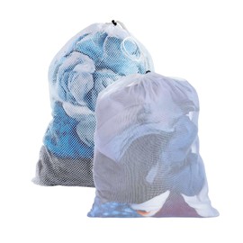 2 Pcs Mesh Laundry Bag 60×90cm(24x35in) Large Drawstring Washing Machine Bags, Heavy Duty Reusable Net Wash Bag for Travel Clog Bags Bra Socks Delicates Baby Clothes, Fine and Coarse Mesh, White