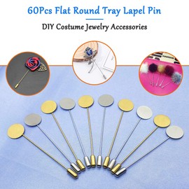 60Pcs Flat Round Tray Lapel Pin,Stainless Steel Safety Pins Stick Pins Brooch Pin Needle Suit Tie Hat pin Scarf Badge for DIY Costume Jewelry Making Accessories