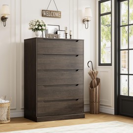 HOSTACK 43.3" Tall Modern 5 Drawer Dresser for Bedroom, Large Chest of Drawers with Storage, Wood Clothes Storage Organizer with Cut-Out Handle, Accent Storage Cabinet for Living Room, Dark Brown