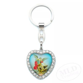 Archangel St Michael Keychain - Heart-Shaped Pendant with Inlaid Rhinestones
