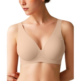 Wireless Bra Pushup Bras for Women Seamless Bras with Support and Lift Comfortable Bralettes No Underwire Deep V Comfy Tshirt Bra Nude