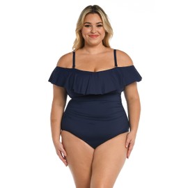 La Blanca Women's Island Goddess Off Shoulder Ruffle One Piece Swimsuit, Indigo, 16