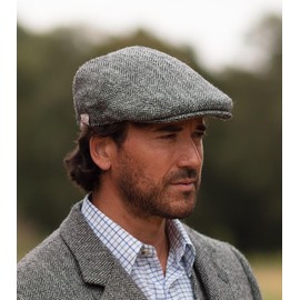 WALKER AND HAWKES Oakmoor Harris Tweed Country Style Flat Cap, steel grey