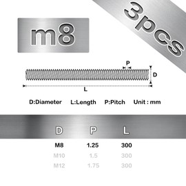 Pack of 3 Threaded Rods M8 x 30 cm Galvanised Threaded Rods Carbon Steel Threaded Screws DIN 975 Strength Class 4.8 Threaded Rod with Metric Full Thread Metric Thread Rods According to Standards