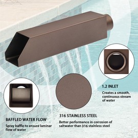 PONDO 2" Square Water Fountain Spout Scupper, 316 Stainless Steel Spillway w/Construction Spray Baffle for Pools, Ponds, Water Walls, Fountains (Brown) Overall Length 10 Inch