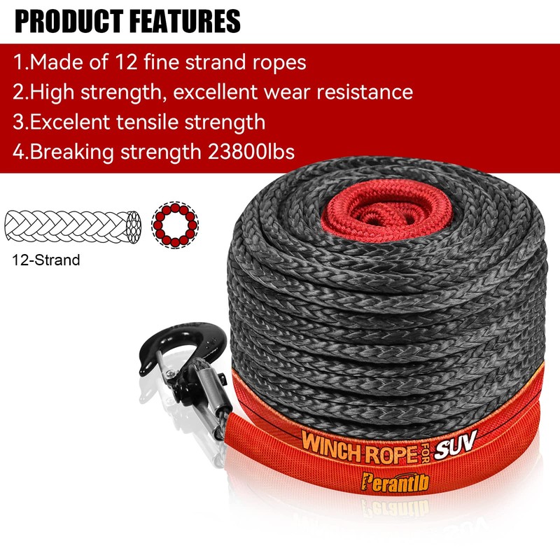 Synthetic Winch Rope 3/8" x 100'-23800 lbs Winch Line with