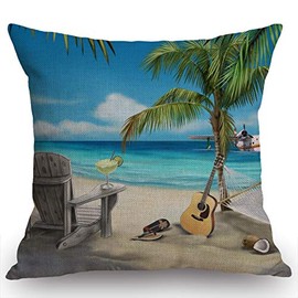 Swono Island Animals Animated Paradise Island Guitar on The Beach Cotton Linen Throw Pillow Case Home Decorative Cushion Cover for Sofa Couch Bedding 18x18 Inches