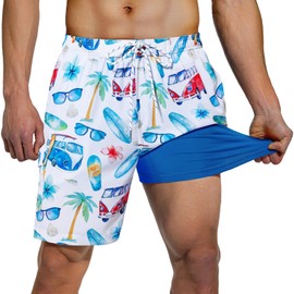 Milin Naco Mens Swim Trunks 7" Compression Liner Quick Dry 2 in 1 Board Shorts with Zip Pockets Bathing Suits for Men