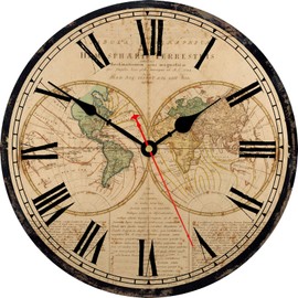 TAHEAT World Map Wall Clock, Large Classic Wooden Clocks, Quiet Non Ticking, Easy to Read for Home/Office/School, 34 cm