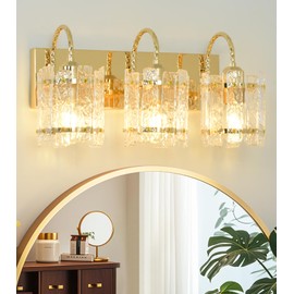 Azxgb Gold Vanity Lights 3 Lights with Water Ripple Glass Shade Modern Bathroom Sconce Above Mirror 20in Hallway Lamp for Bathroom Living Room Bedroom (Bulbs Included)