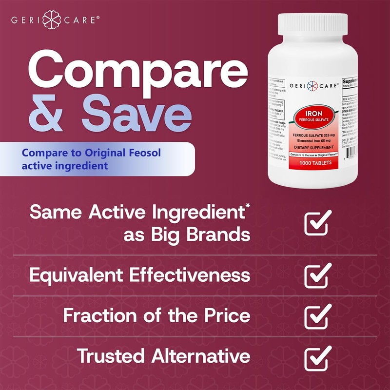 GeriCare Ferrous Sulfate Tablets 325mg, Elemental Iron 65 mg High