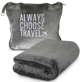 AlwaysChooseTravel Travel Blanket and Pillow - Premium Soft 2-in-1 Airplane Blanket with Pillowcase, Hand Luggage Sleeve and Backpack Clip (Grey), ACTBlanket2024Q1