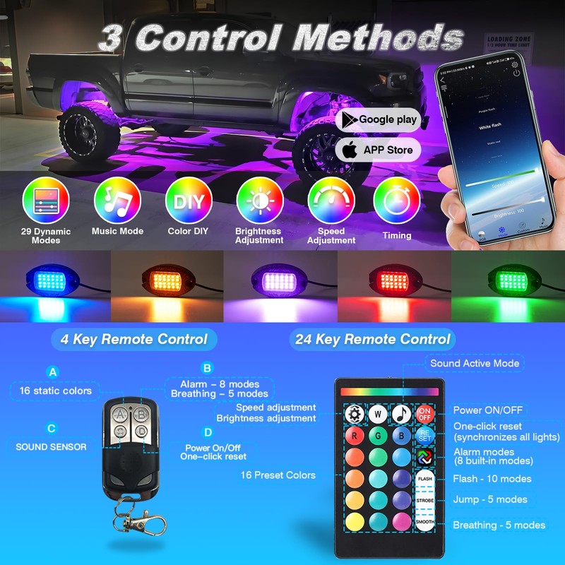 4Pods Upgraded Segmented Metal RGB LED Rock Lights Kit with