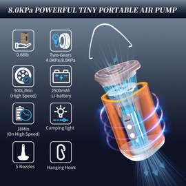 Vlinlvo Tiny Portable Air Pump 8.0KPa Super Power Mini Inflation Pump with 2500mAh USB Rechargeable Battery and Camping Light Suitable for Pool Float,Air Mattress,Swimming Ring,Kayak,Vacuum Bag