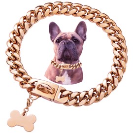 Stainless Steel Dog Collar, Cool Charm Bulldog Jewelry Necklace, Waterproof Rose Gold Black Silver Heavy Duty Curb Cuban Dog Collar