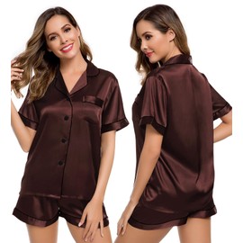 LecGee Womens Silk Satin Pajamas Short Sleeve Loungewear Two-Piece Sleepwear Button-Down Pj Set Coffee X-Large