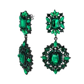 Crystal Wedding Art Deco Vintage Style Gatsby Simulated Green Emerald Chandelier Dangle Earrings For Women Wedding Prom Black Plated Metal