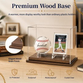 Baseball Display Case with Card Holder, Wood Base