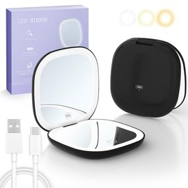 Espejo de Bolsillo con Luz LED, con Aumento 1X/10X, Anillo de Luz de Doble Cara y 3 Modos, Espejo de Mano Recargable Portatil, Espejo Pequeño con Luz para Maquillaje