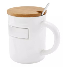 Inox Taza Tapa Bambu Cuchara Metalica Ceramica Acero Inox Glossy