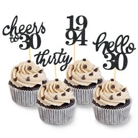 24 PCS Black Glitter 30th Birthday Cupcake Toppers for Celebrating Thirty Years Old Birthday Party Decorations for 30th Anniversary Party Supplies