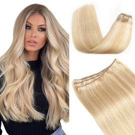 XDhair Weft Hair Extensions Human Hair Weave Hair Extensions 14Inch 80g Soft Hair Sew in Weft Hair Extensions Caramel Blonde Mixed Platinum Blonde Hair Weft Extensions Real Human Hair#27p60 14inch