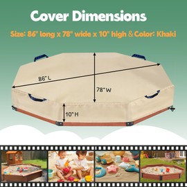 Octagon Sandbox Cover 86" x 78" x 10", Heavy Duty 420D Oxford Outdoor Sand Box Cover for Kids, Waterproof Dustproof Sandbox Protector with Drawstring & Carry Handles – Khaki with Navy Blue Trim
