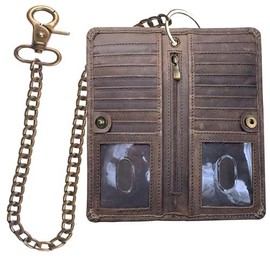 Long Bifold Chain Wallet - RFID Blocking Biker for Men Leather Aniline Black - Color: Crazy Horse Brown Vintage Chain, Size: One Size