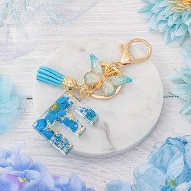 MWOOT Initial Letter E Keychain Resin Alphabet Keyrings,Blue Petals Gold Foil Key Ring Charm with Butterfly Tassel Pendant,Kawaii Key Chain for Womens Gift Ideas Wallet Purse Bag Handbag Decor (E)