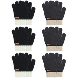 DAQING 6 Pairs of Kids Gloves Knitted Wool Winter Gloves Children Full Fingers Stretchy Warm Mittens for Boys Girls (Black/Dark Grey,5-12 Years)