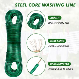 30m Washing Line Rope, Heavy Duty Clothes Line Steel Core, Strong String 4mm Dia Clotheslines, Long Clothes Lines for Outside Garden Travel, Rustproof and Waterproof Washing Lines, 120kg LC (Green)