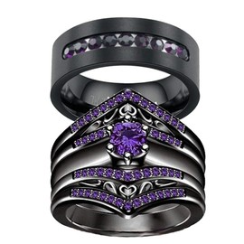 Two Rings His Hers Wedding Ring Sets Couples Matching Rings Women's 2pc Black Gold Plated Red CZ Wedding Engagement Ring Bridal Sets Men's Tungsten Carbide Band Wedding Band, women's size 9 & men's size 11, Paper, Cubic Zirconia