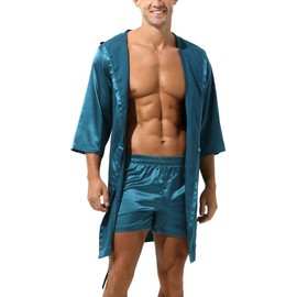 Men's 2 Pieces Satin Robe Lightweight Silk Bathrobe with Shorts Half Sleeve Short Kimono Robe Nightgown and Boxer Shorts Set