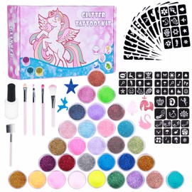 DSYZWEE Glitter Tattoo Set, 30 Colours Glitter Tattoos, Children's Glitter Make Up with 153 Stencils