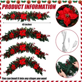 Sliner 2 Pack 45" Poinsettia Christmas Swag for Front Door LED Swag Garland Decoration Xmas Artificial Swag with Pine Berries for Indoor Outdoor Window Wall Fireplace Xmas Home Hanging Decor