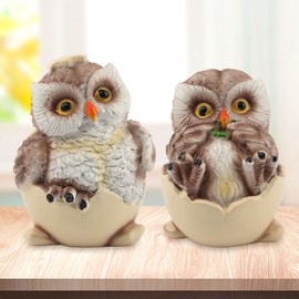 Resin Owl Figurines - 2-Piece Set with Eggshell Design, Hand-Painted Details, Miniature Bird Statue Decor for Bookshelves, Desks & Mantels for Home & Office Lovers