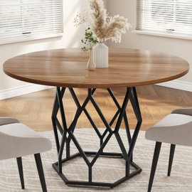 IDEALHOUSE 47 Inch Round Dining Table, Farmhouse Diner Table for 4-6 People, Kitchen & Dining Room Tables, Wood Circle Table for Kitchen, Dining Room, Living Room, Brown