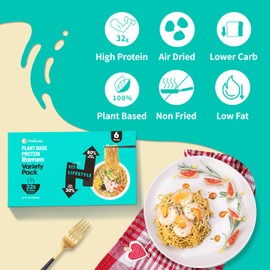 Hethstia High-Protein Instant Ramen Variety Pack (Chicken, Beef, Pork Tonkotsu), 6 Pack Non-Fried Ramen Broth, 31g Plant-Based Protein, Air-Dried, Low Fat, Non-GMO, Egg-Free, Dairy-Free, Healthy Meal