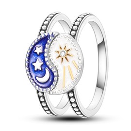 NARMO Rings for Women 925 Sterling Silver Moon Star Sun Combination Finger Ring Stackable Cubic Zirconia Ring Size M