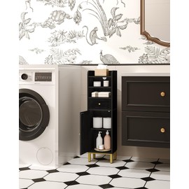 Hzuaneri Bathroom Storage Cabinet, Corner Floor Cabinet with Drawers and Doors, Narrow Toilet Paper Cabinet, Bathroom Organizer with Adjustable Shelf, for Small Spaces, Black BC29804G