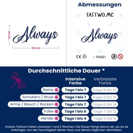 Tattwo.me Temporary Tattoos for Adults and Children 2 Weeks Waterproof - Always - Vegetable Ink - EU Cosmetic Certificate - (P0081)