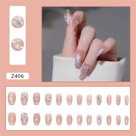 ALLMIRA Nail Tips, Long, 24 Pieces, Pink, Coming-of-Age Ceremonies, Winter, Korean False Claws, Blue, Long, Stylish, Popular, Glitter, Fengle Nails, Simple, Blue Type (Light Blue Ice Butterfly)