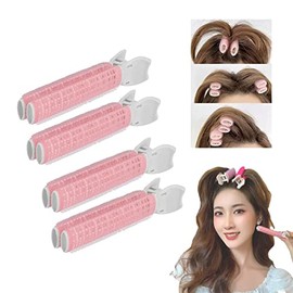4Pcs Pink Hair Rollers with Clip for Volumizing Bangs Curls - DIY Hair Styling Accessories Tool and Portable Self Grip Volume Clips