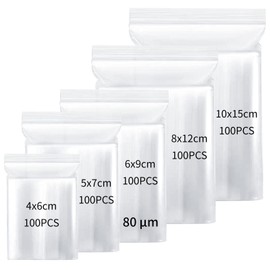 KATIMI 500 Pieces Small Plastic Bags Sealable, 5 Sizes Clear Small Baggies, Thickened Resealable Freezer Bags, Reusable Grip Seal Bags for Packaging Kitchen Jewellery Candies Storage
