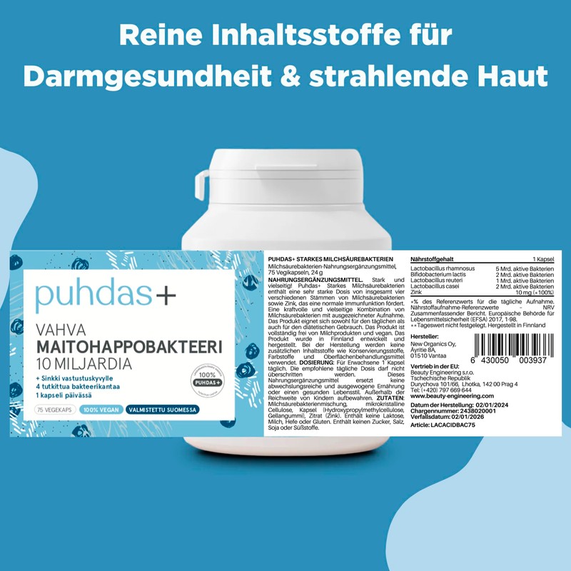 Puhdas+ Strong Lactic Acid Bacteria 10 Billion 75 Capsules