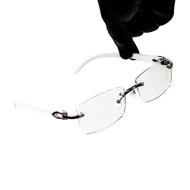 Unbranded White Wood Grain Rimless Clear Lens Rectangular Silver Frame