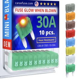 CARAX Glow Fuse – Premium Fuse Mini Blade – 30A Kit 10 pcs – Glow When Blown LED Automotive Fuse – Smart Auto Glow Fuse Easy Identification – 10 pcs