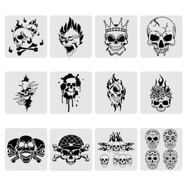 BENECREAT 12PCS Skull Pattern Plastic Drawing Templates, 12x12 Inch Horror Thriller Theme Painting Stencil for Scrabooking Card Making, DIY Wall Floor Decoration